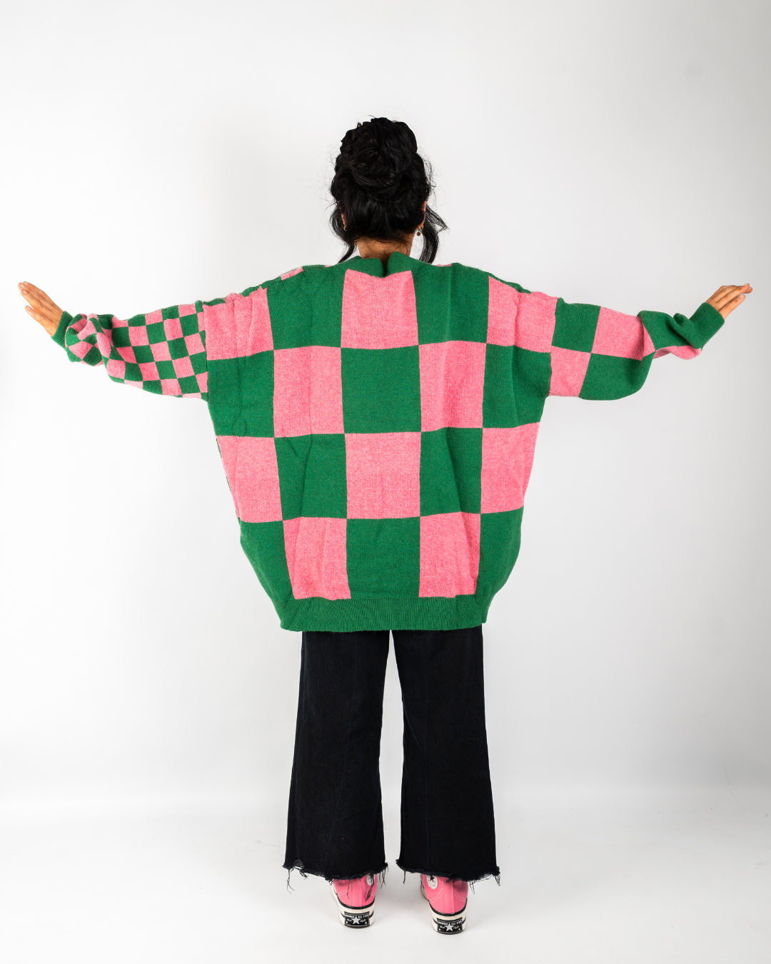 BOARDWALK OVERSIZED CHECKERBOARD CARDIGAN IN PINK + GREEN