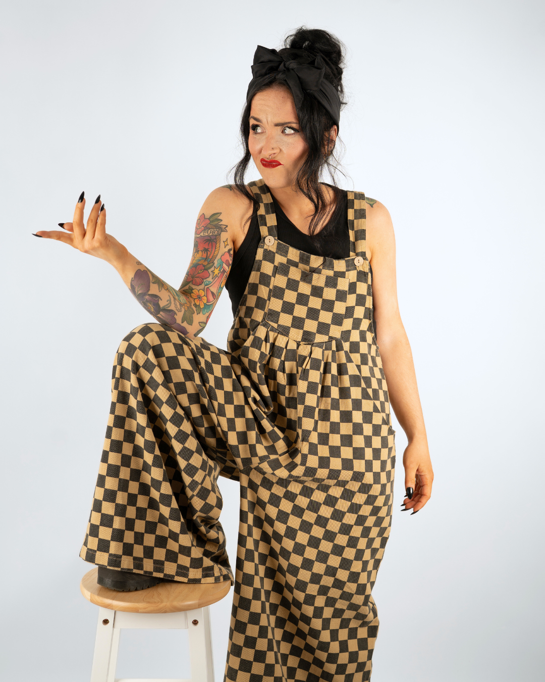 CHECKERBOARD WIDE LEG DENIM OVERALLS IN BLACK MOCHA