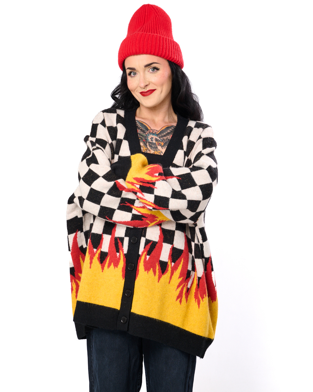 MY EMO FLAME OVERSIZED CHECKERBOARD CARDIGAN