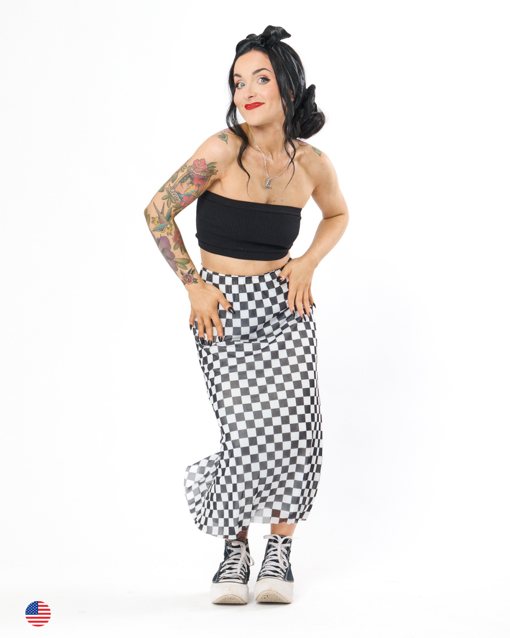 CHECKERBOARD MESH MIDI SKIRT IN BLACK + WHITE