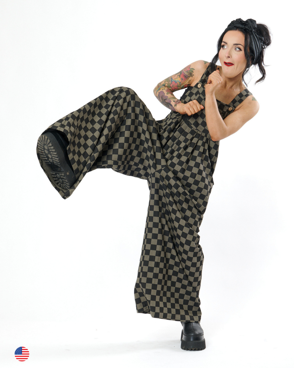 CHECKERBOARD WIDE LEG DENIM OVERALLS IN CHARCOAL