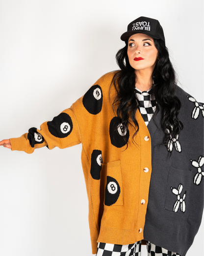8 BALL CHAOS EXTREME OVERSIZED CARDIGAN IN MUSTARD + CHAROCAL