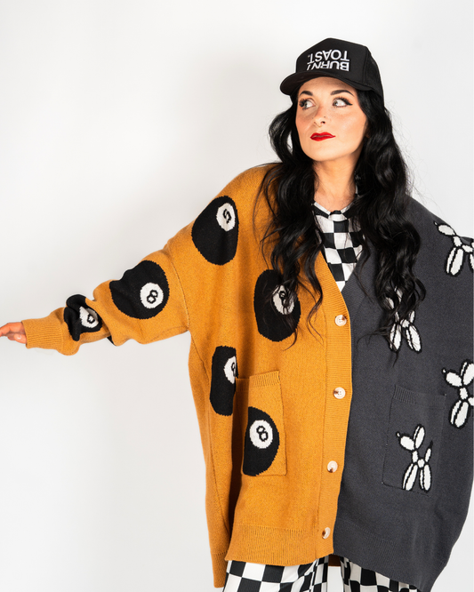 8 BALL CHAOS EXTREME OVERSIZED CARDIGAN IN MUSTARD + CHAROCAL