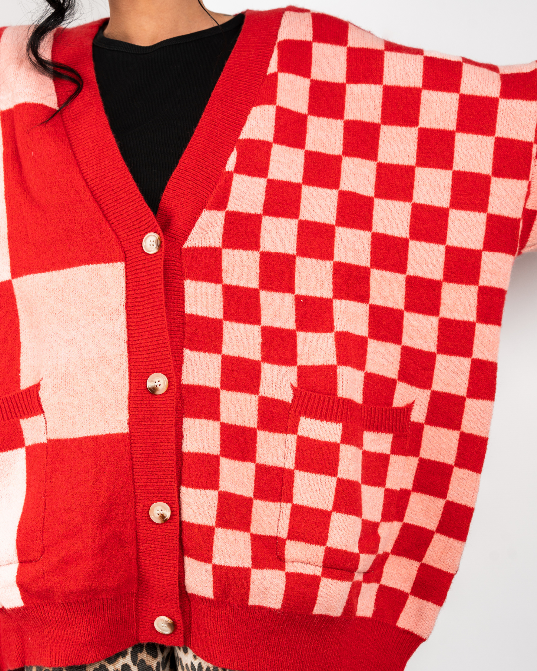 BOARDWALK OVERSIZED CHECKERBOARD CARDIGAN IN RED + PINK