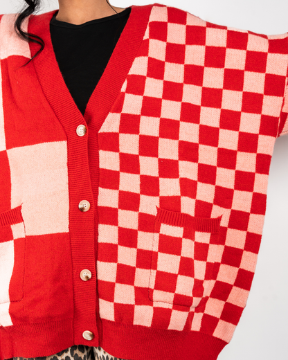 BOARDWALK OVERSIZED CHECKERBOARD CARDIGAN IN RED + PINK