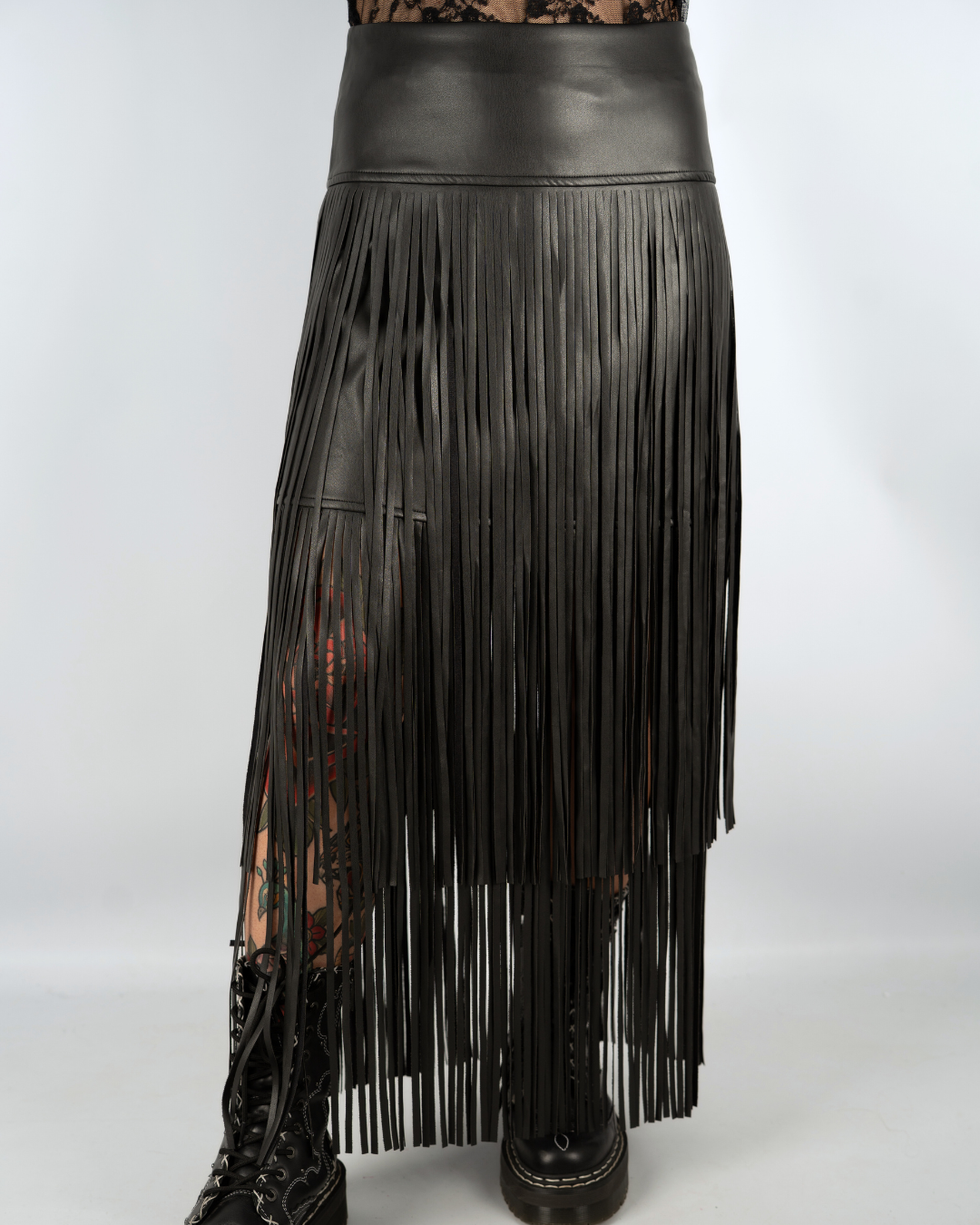 EXTREME WHIPLASH FRINGED FAUX LEATHER SKIRT