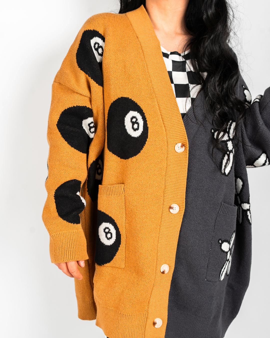 8 BALL CHAOS EXTREME OVERSIZED CARDIGAN IN MUSTARD + CHAROCAL