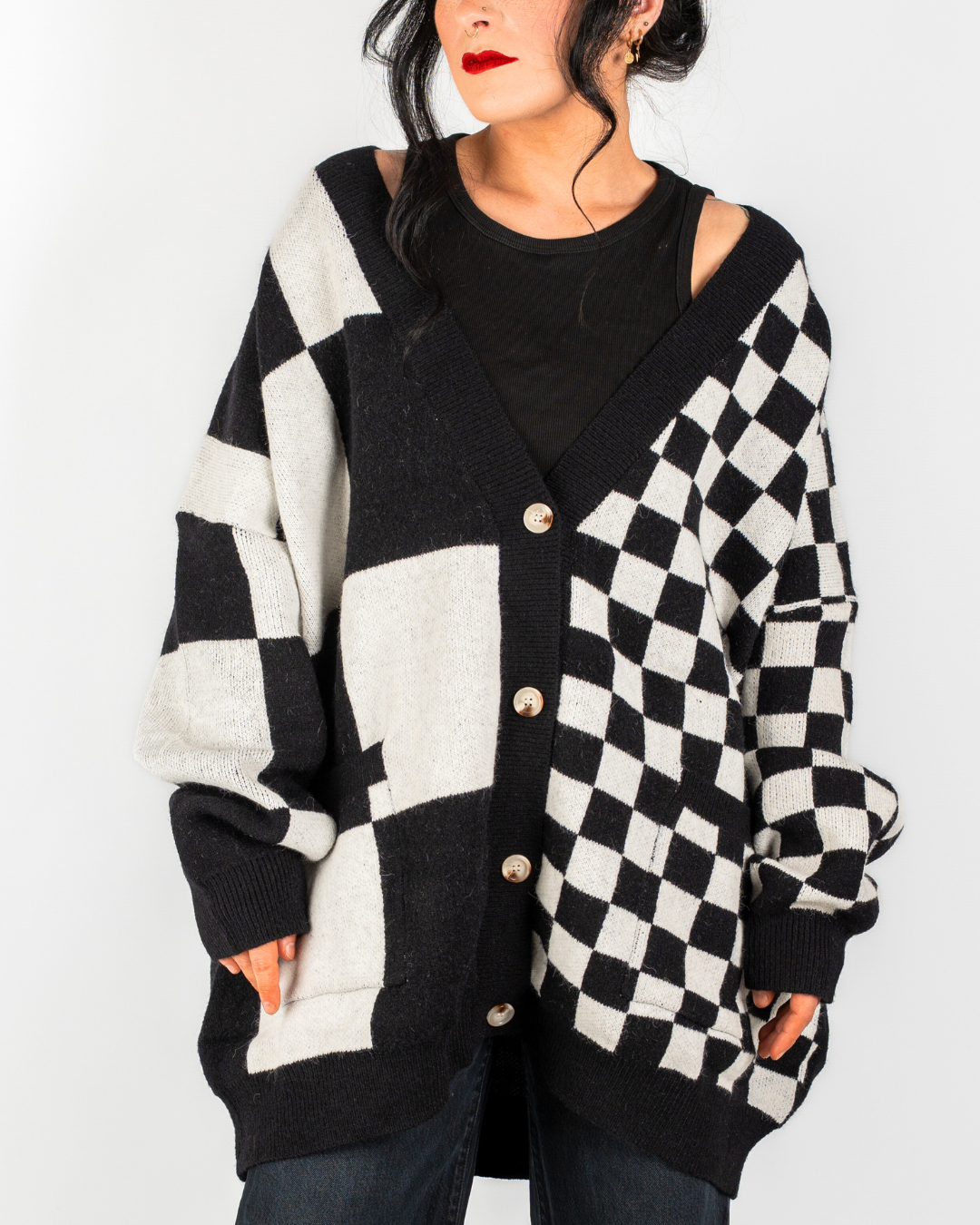 BOARDWALK OVERSIZED CHECKERBOARD CARDIGAN IN BLACK + WHITE