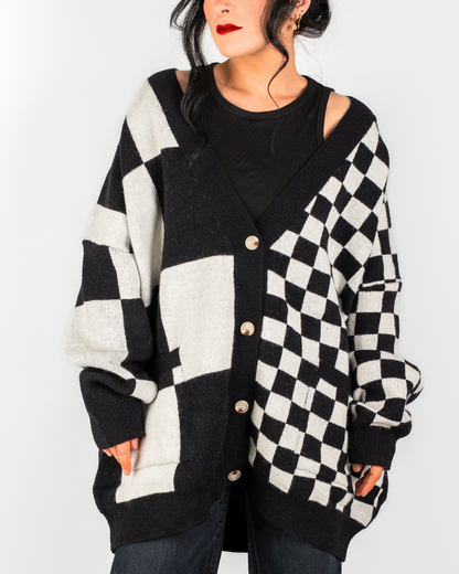BOARDWALK OVERSIZED CHECKERBOARD CARDIGAN IN BLACK + WHITE