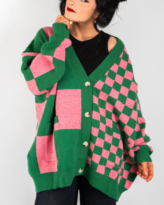BOARDWALK OVERSIZED CHECKERBOARD CARDIGAN IN PINK + GREEN