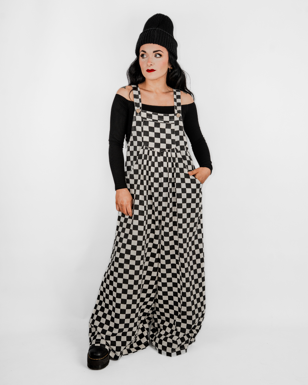CHECKERBOARD WIDE LEG DENIM OVERALLS IN BLACK + WHITE