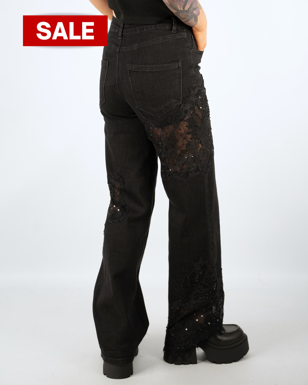 DIRTY DARLING LACE PATCHWORK JEANS IN BLACK