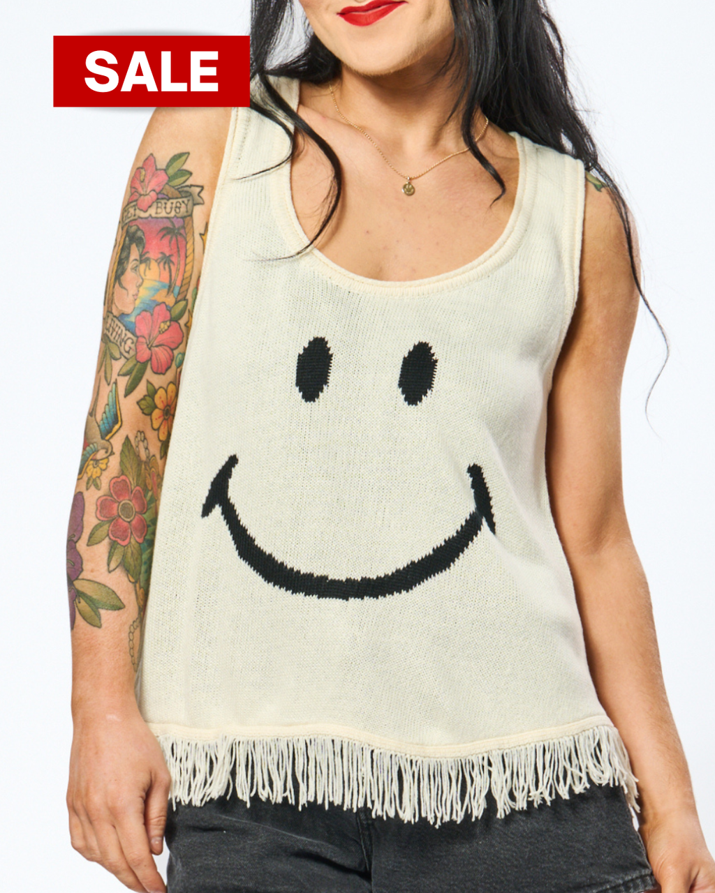 SMILEY FRINGED KNITTED TANK IN WHITE